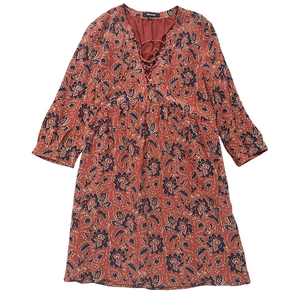 Madewell Silk Baby Doll Dress Assam Floral Red Blue Boho Lace-up Neck Size XXS - Picture 2 of 9